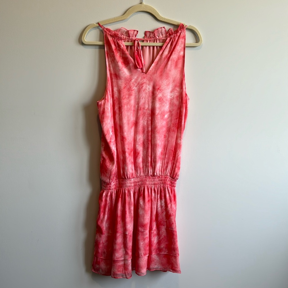 BNWT. Ramy Brook Mackie Printed Halter Blouson Silk Mini-Dress.  Coral and Cream